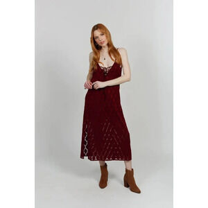 🆑Band of Free Burgundy Diamond Pattern Lace-Up Spaghetti Strap Midi Dress